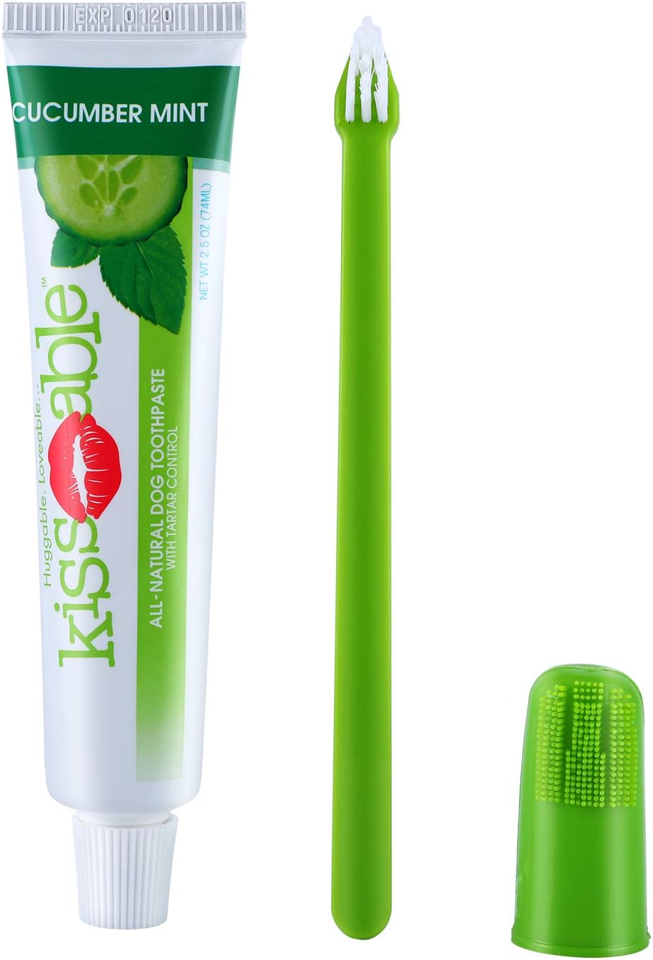 KISSABLE Dog Dental Kit Contains All-Natural Toothpaste + Gum-Hugging Toothbrush + Finger Brush | Best Toothpaste and Toothbrush Set | Made in USA, Small Dogs & Puppies, Cucumber Mint