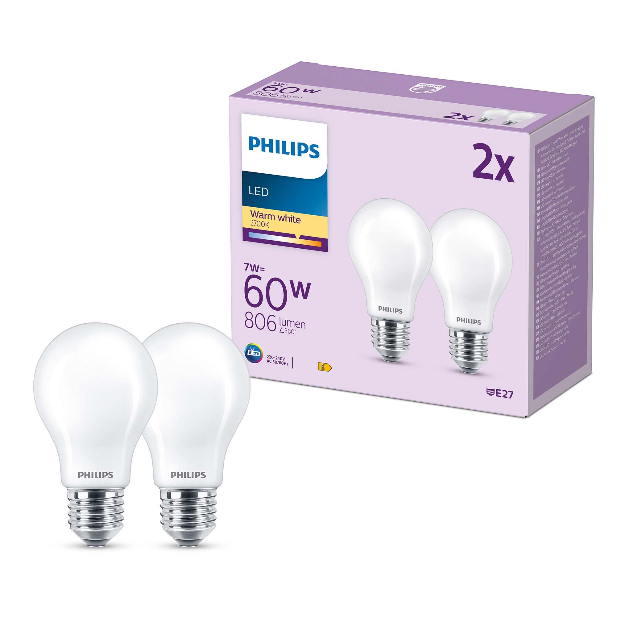 Philips LED Frosted A60 Light Bulb 2 Pack [Warm White 2700K - E27 Edison Screw] 60W, Non Dimmable. for Home Indoor Lighting — image 1