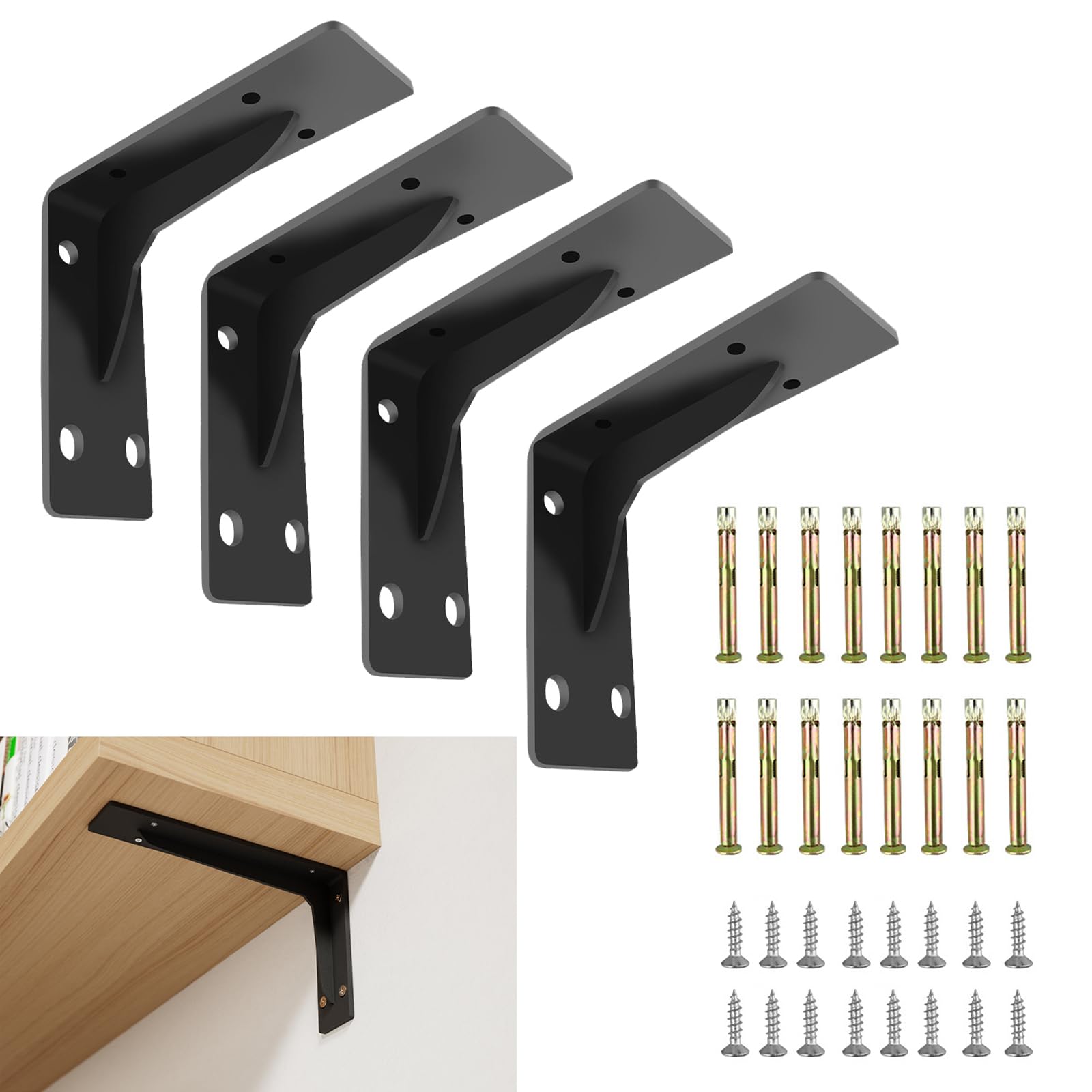Catekro 4 Pack Heavy Duty Shelf Brackets, 6 inch Heavy Duty Metal L Bracket for Shelf, Equipped with Screws and Wall Plugs (Black)