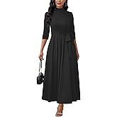 Nmoder Maxi Dress for Women Long Dress Casual Elegant 3/4 Sleeve Flowy Church Prom Round Neck Dresses with Belt