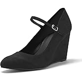 Coutgo Womens Wedge Pumps Dressy Mary Jane Shoes Comfort Wedges Closed Toe Ankle Strap Heeled Shoes