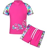 TFJH E Girls Short Sleeve Swimsuit Two Piece Swimwear UPF 50+ UV 3-12 Years