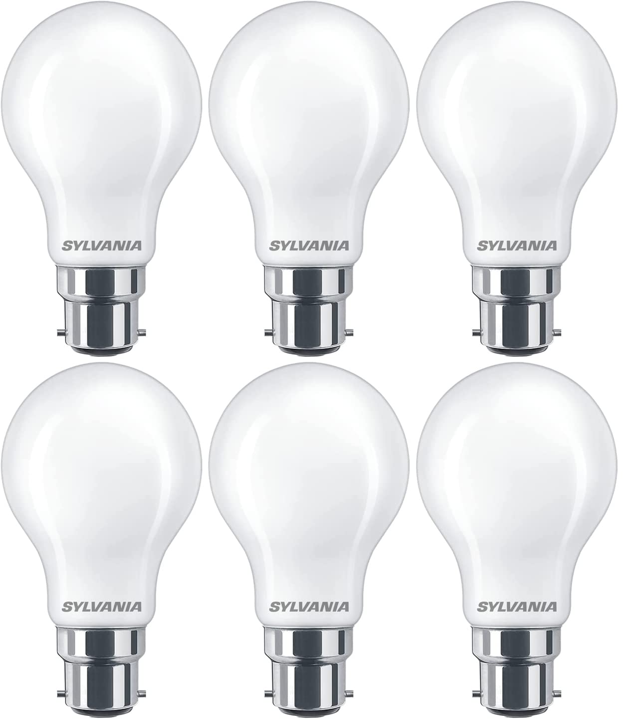 SYLVANIA GLS Frosted LED Light Bulb, Dimmable, B22, 7W, 806 Lumens, Warm White 2700K - 6 Pack