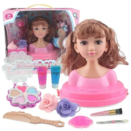 Leoie Makeup Doll Head Girls Playset with Beauty and Fashion Accessories [Standard] Double Horsetail air Bangs