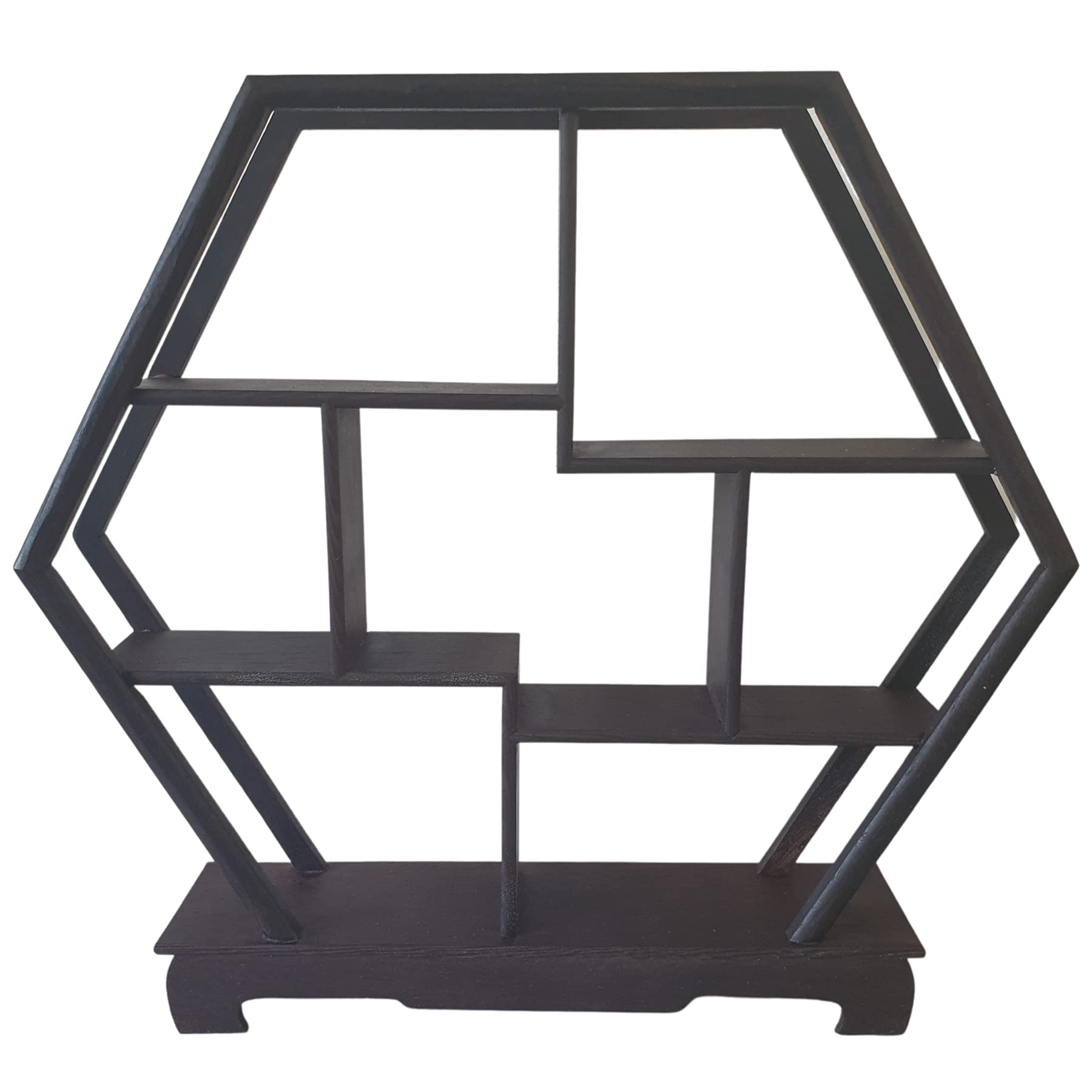 The Spice Cellar Wooden Curio or Netsuke Display Stand - Dark Grained Wood - Hexagon Shape - 31cm