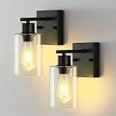 2-Pack Wall Sconces for Bathroom, Matte Black Vanity Lights, Modern Wall Light Fixture with Clear Glass Shade, Farmhouse Wall-Mount Lighting Lanterns, Wall Lamps for Mirror Living Room Bedroom Hallway