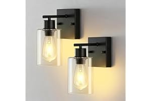 2-Pack Wall Sconces for Bathroom, Matte Black Vanity Lights, Modern Wall Light Fixture with Clear Glass Shade, Farmhouse Wall