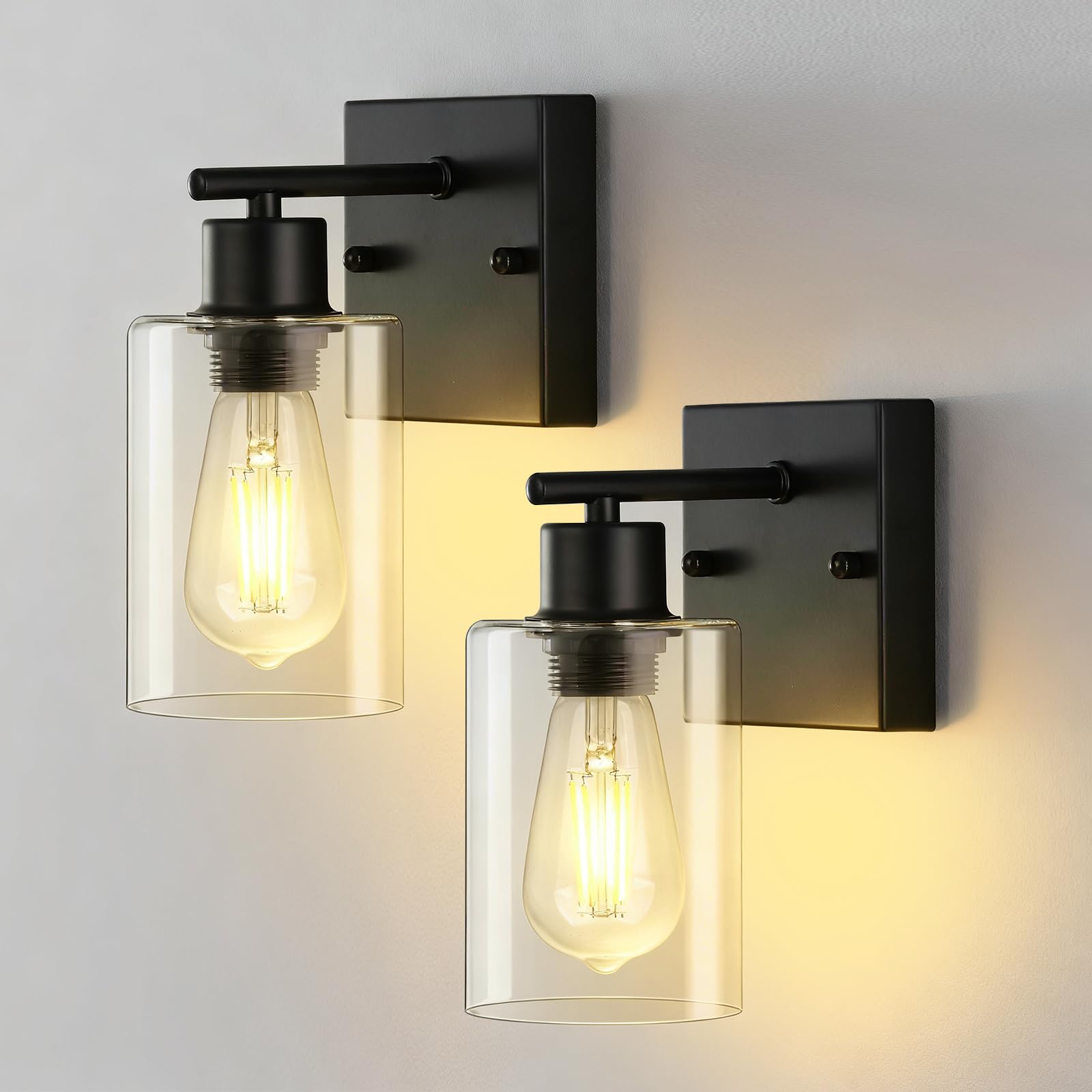 Photo 1 of 2-Pack Wall Sconces for Bathroom, Matte Black Vanity Lights, Modern Wall Light Fixture with Clear Glass Shade, Farmhouse Wall-Mount Lighting Lanterns, Wall Lamps for Mirror Living Room Bedroom Hallway