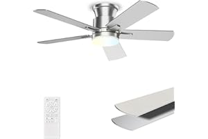 ALLSMARTLIFE Flush Mount Ceiling Fans with Lights 42 Inch, Remote Control, 3CCT Dimmable, 6 Speeds, Noiseless Reversible DC Motor, Low Profile Silver Nickel Ceiling Fan for Living Room, Patio, Indoor/Outdoor, ETL