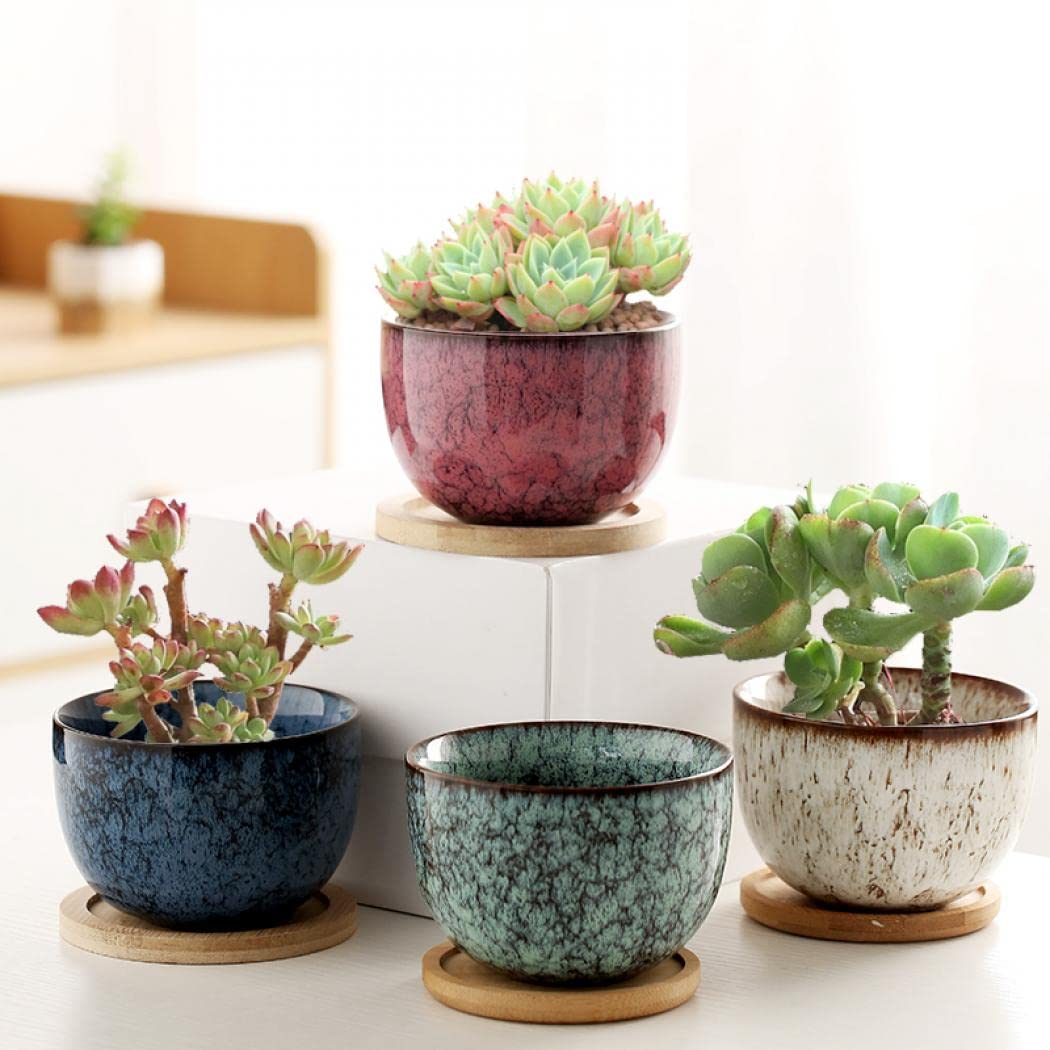 Gelory Succulent Pots, 9.5CM Small Succulent Planter Pots with Drainage Hole Ceramic Flower Pots and Bamboo Plant Saucers for Indoor Cactus Plants Set of 4