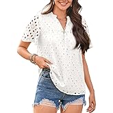 Falechay Womens Summer Tops V-Neck Short Sleeve Shirts Dressy Casual Babydoll Blouses Embroidered Eyelet Flowy Boho Clothing