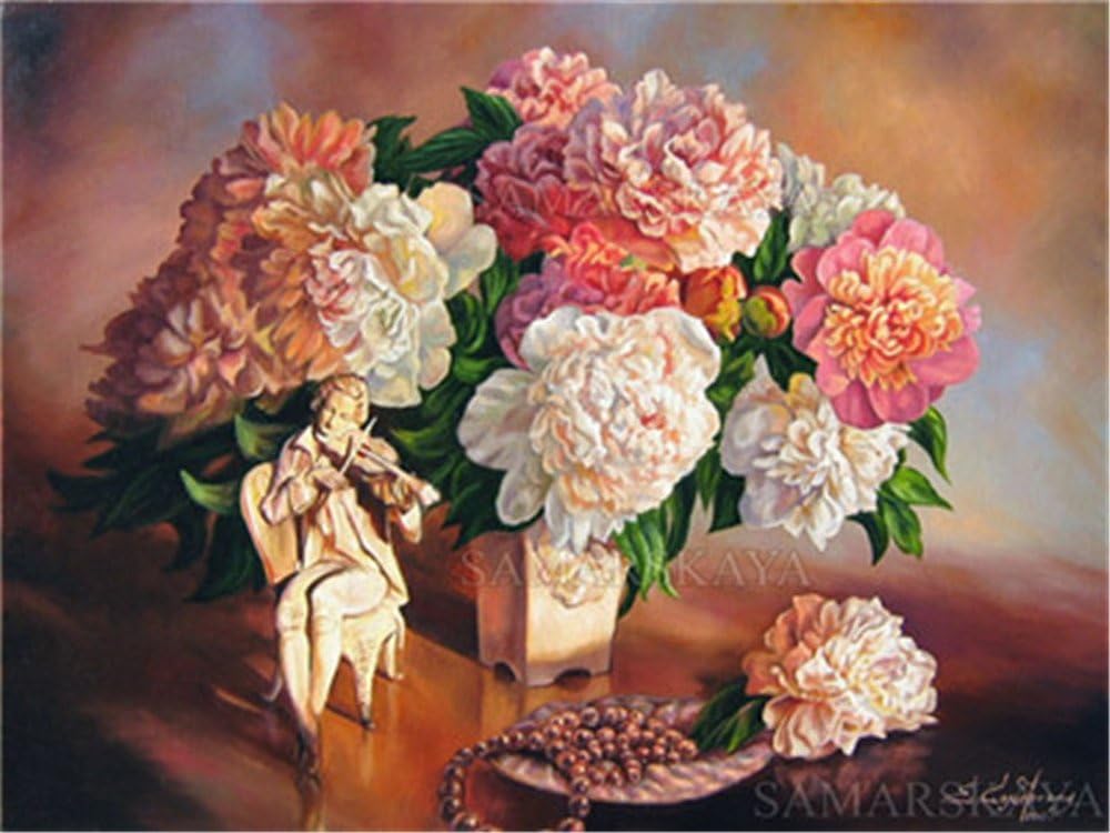 MONDART Paint by Numbers for Adults Beginners Kits DIY Oil Painting Kit Canvas Acrylic Pigment Arts Craft for Home Wall Decor Christmas Gift-Flower and Beethoven Statue 16x20 Inch (NO Frame)