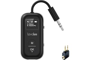 Lavales Bluetooth 5.3 Transmitter Receiver for Airplane to 2 Headphone – AptX Low Latency, 100ft Long Range, 25H Playtime, 2-in-1 Wireless Bluetooth Audio Adapter W/Screen for TV, Tablets, Speakers