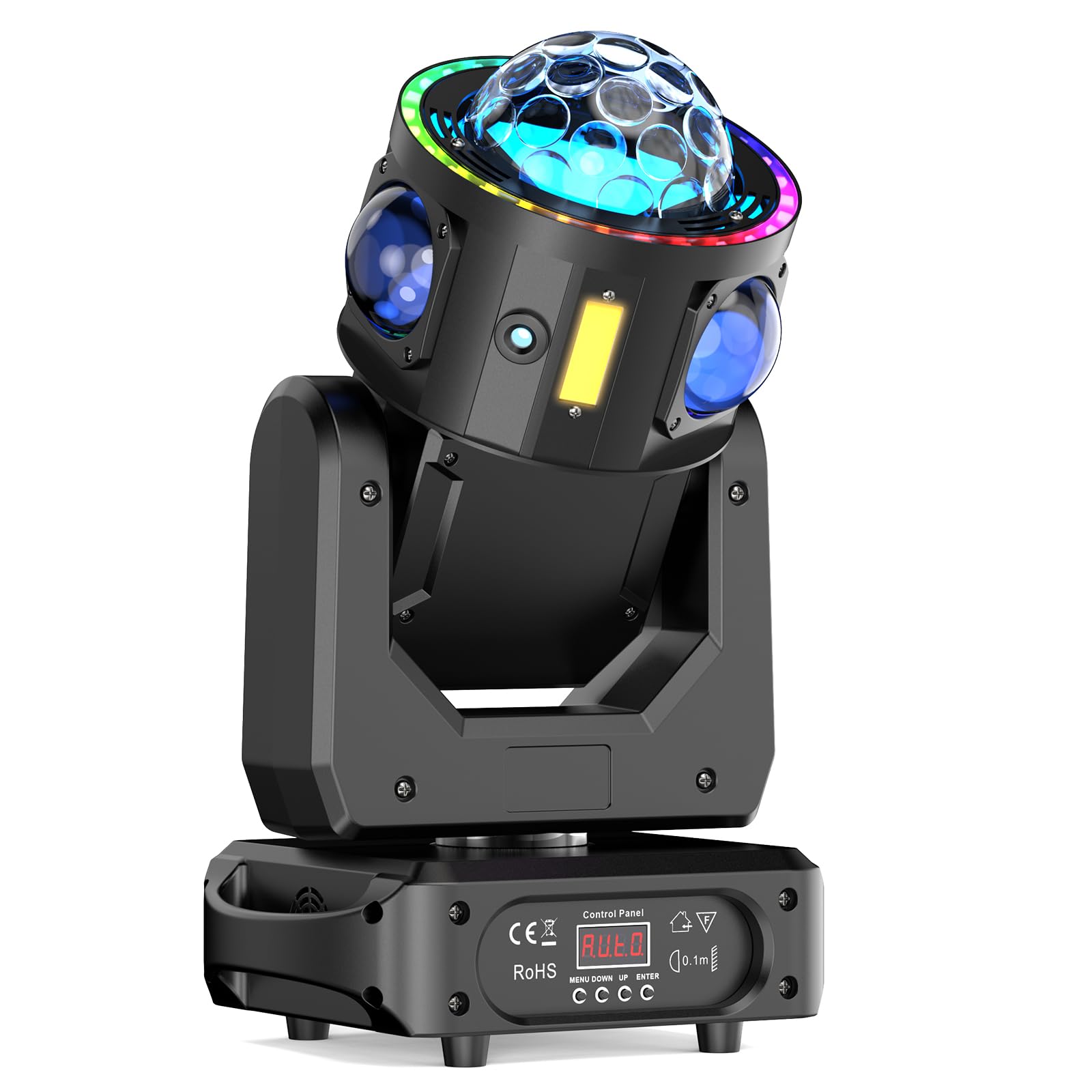Photo 1 of 120W Stage Moving Head Light with RGBW Beam & Strobe Effects,3-Axis Rotation DJ Light DMX 512 19/25CH with Sound Activated for Party Club Bar DJ Events Disco Wedding Live Show (1 Pack)