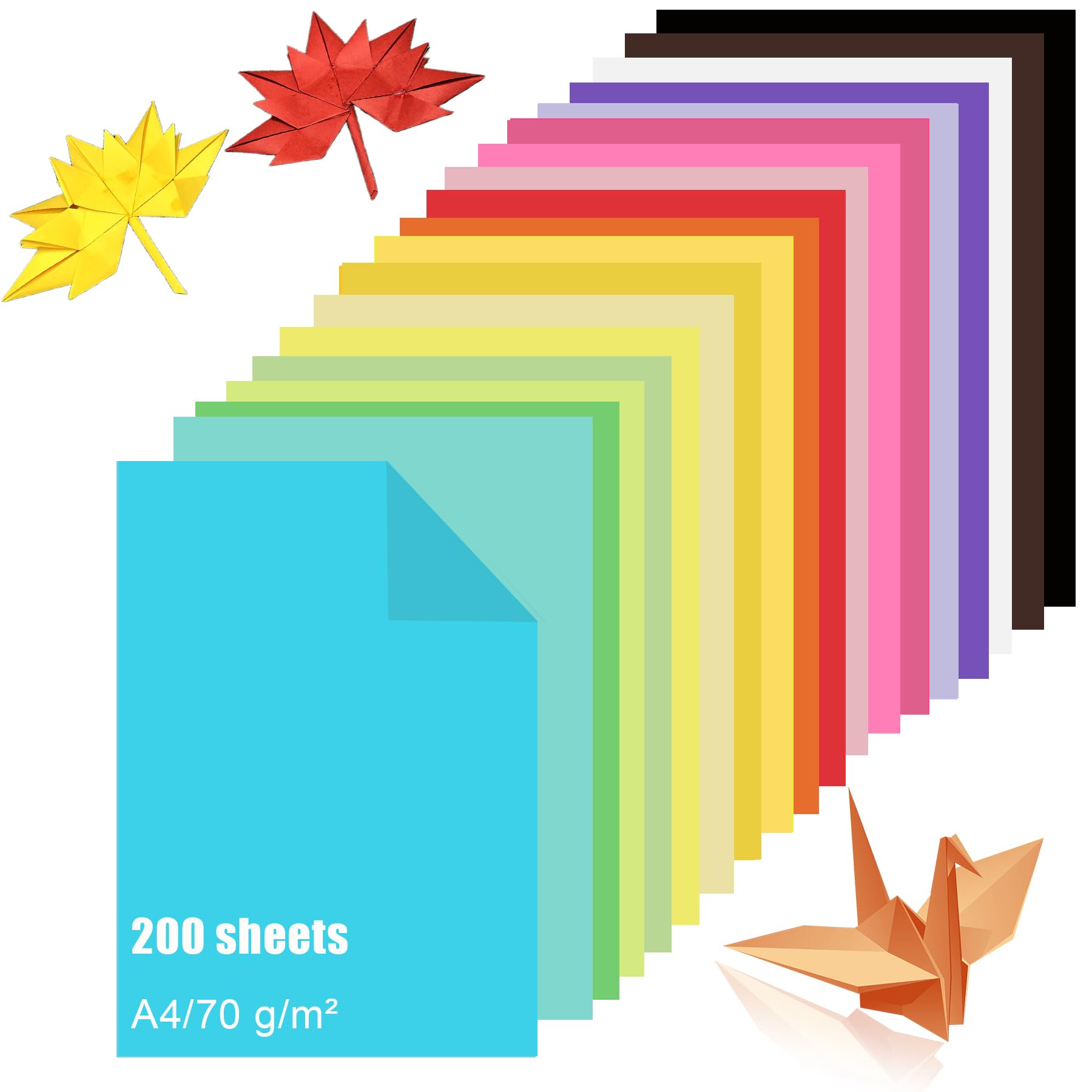 200 Sheets Coloured Paper A4 Origami Printer Copy Multipurpose Printing Paper for DIY Art Craft (70gsm) , 20 Colors