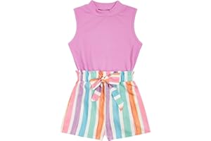 Floerns Girls 2 Piece Outfit Ruffle Trim Tee Top with Paperbag Waist Shorts Set