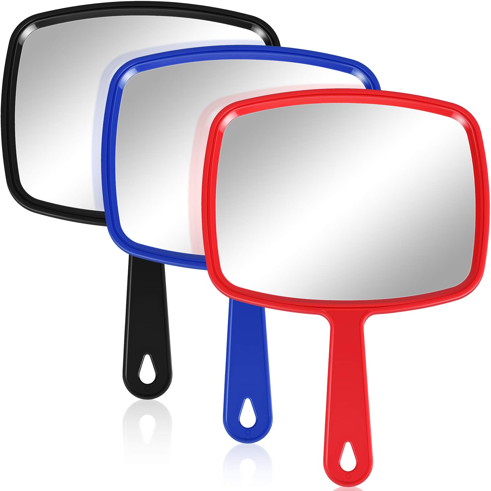 Photo 1 of *** CAUTION OPENING PACKAGING 1 OF THE MIRORS IS CRACKED *** Jetec 3 Pieces Hand Handheld Cosmetic Mirrors with Handle, Portable Vanity Mirrors for Travel, Home, and Salon Use(9.17 x 6.53 Inch,Red, Black, Blue)