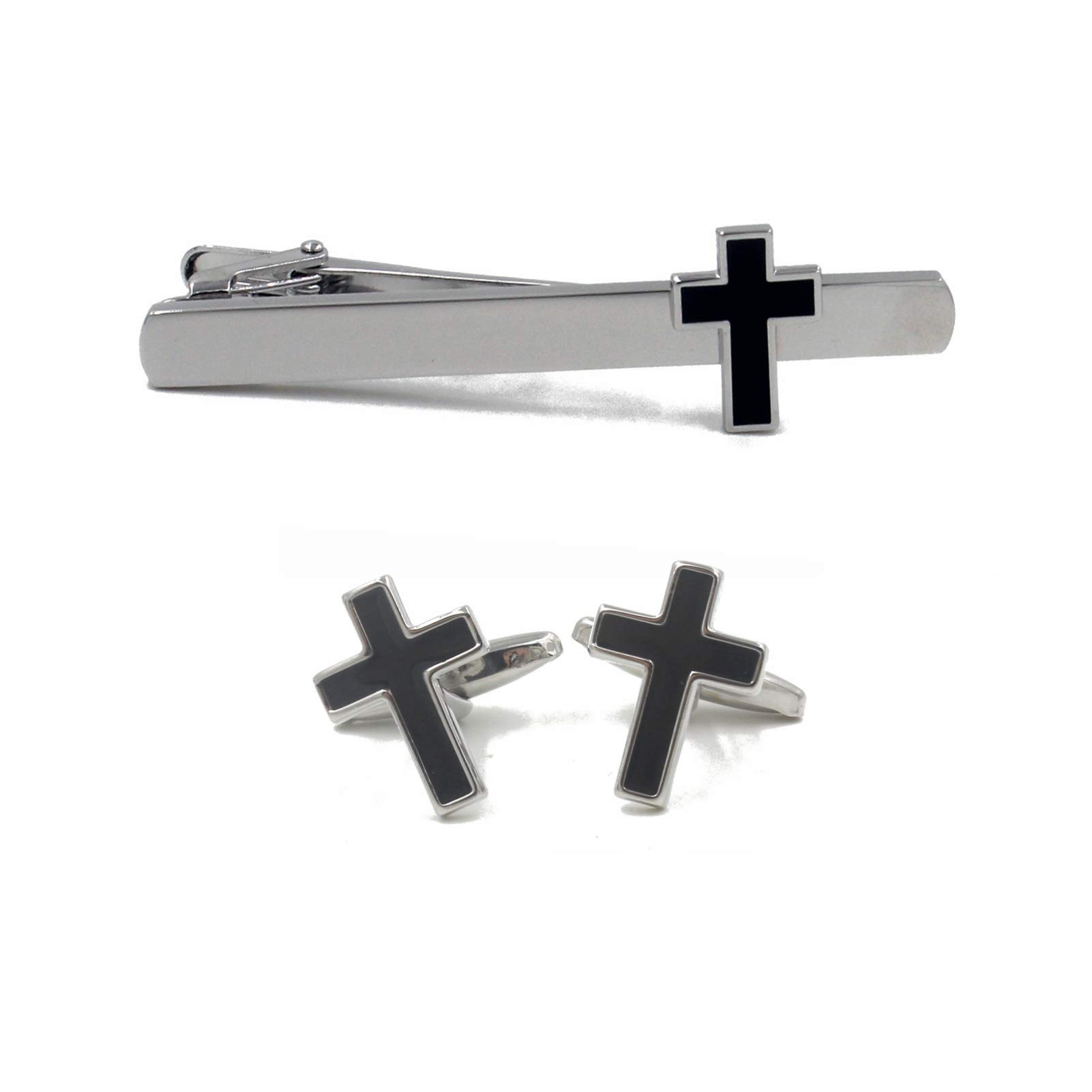 Cross Christian Pair of Cufflinks & Tie Bar Clip