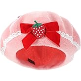 ABOOFAN Women Wool Bow Beret Pink French Style Warm Winter Hat for Travel Daily Wear Cute Strawbwrry Beret