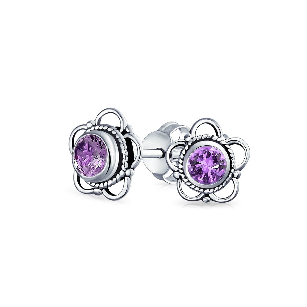 Bali Style Tiny Round Open Flower Gemstone Amethyst Stud Earrings For Women .925 Sterling Silver February Birthstone — image 1