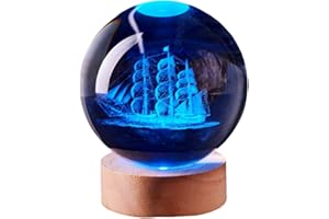 WBCRYS3D 3D Boat Crystal Ball Lamp with Remote Control, Sailboat Night Light Lamp with Wooden Base 16 Colors Change, Figurine Toy Gift for Girls Boys Kids Women Wife Girlfriend Mom Couple (Boat)