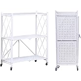 Foldable Storage Shelves with Wheels, Folding Shelving Units Storage, Heavy Duty Metal Collapsible Shelf No Assembly, Large C