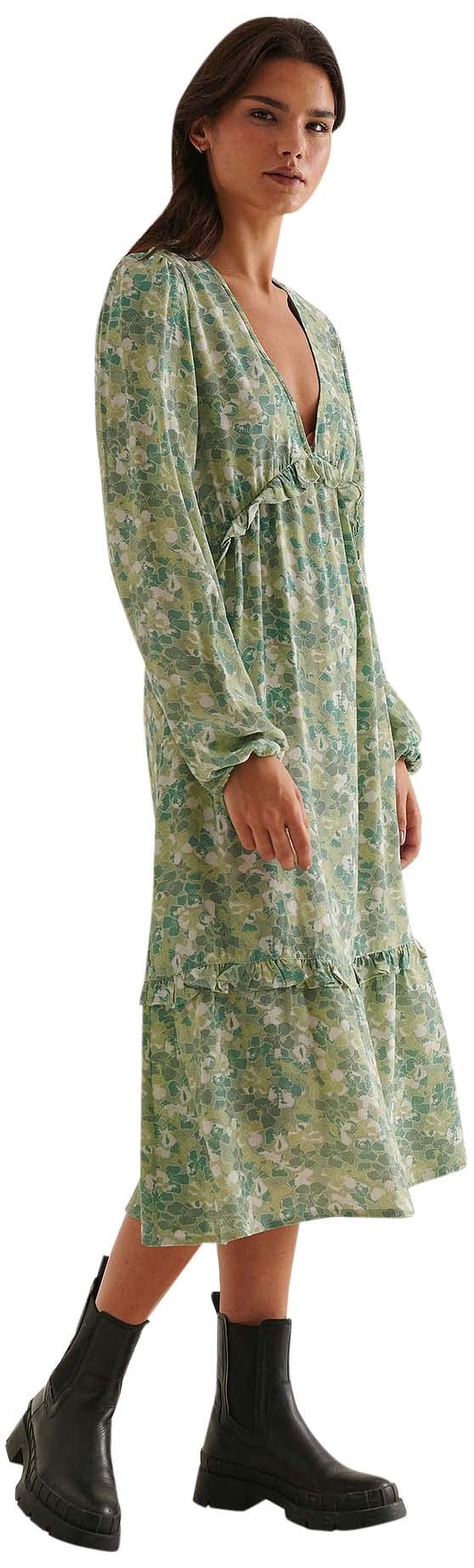 NA-KD Women's Balloon Sleeve Midi Frill Casual Dress, Green Flower, 10 UK