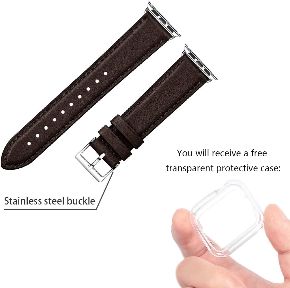 SUNFWR Leather Straps for Apple Watch Straps 40mm 41mm 38mm 42mm(Series 11 10),Men Women Replacement Genuine Leather Strap for iWatch Series Ultra 11 10 9 8 7 6 5 4 3 2 1/SE,Cofee/Silver - Image 3