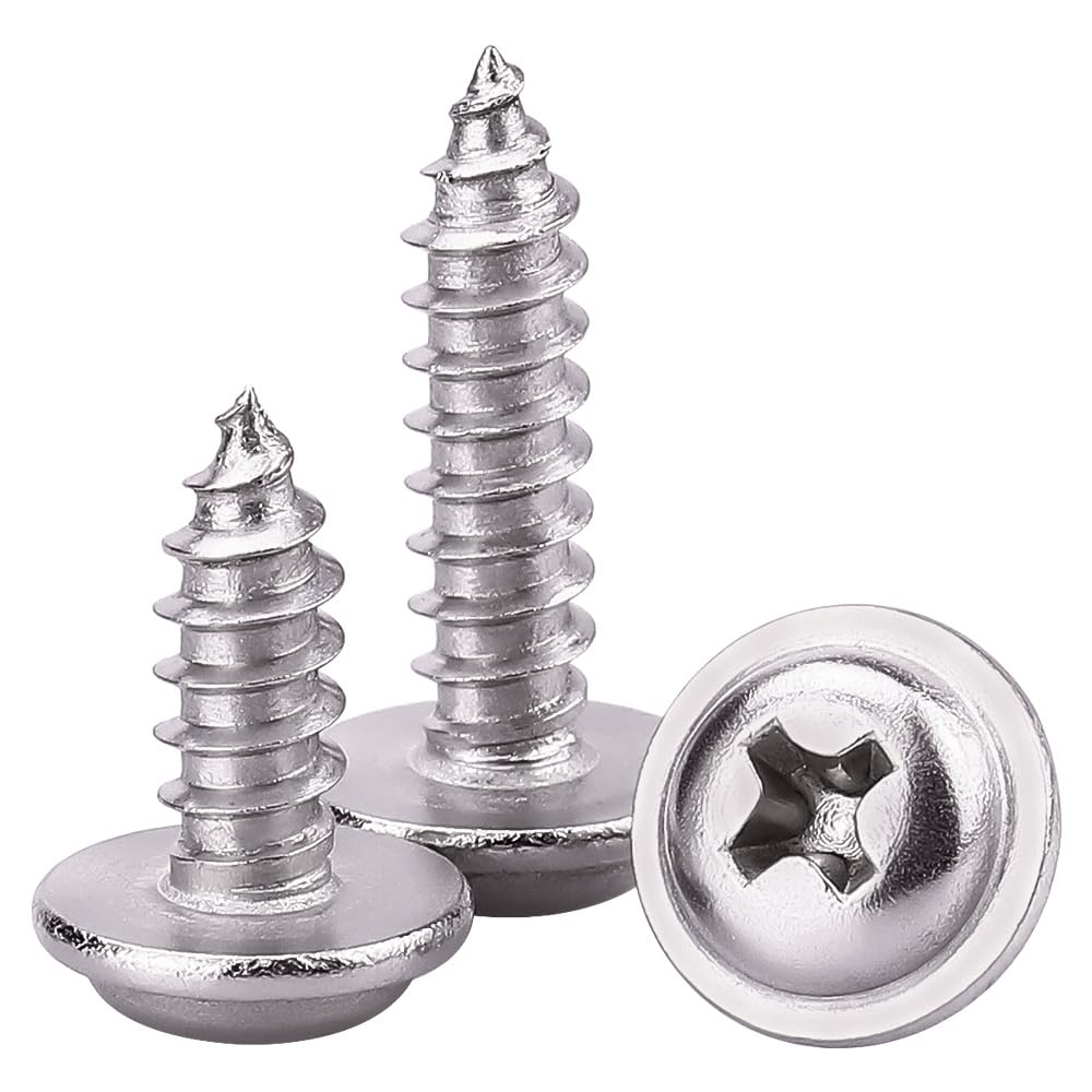 Photo 1 of #4 x 3/8" Phillips Pan Washer Head Wood Screws Self Tapping, 304 Stainless Steel 18-8, Corrosion Resistant Sheet Metal Tek Screws, 100 PCS