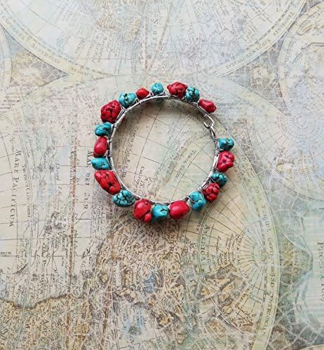 Turquoise & Red Coral Bangle Bracelet, Stainless Steel Bangle, Womens Jewelry, Womens Bracelet, Birthday Gift, Statement Bracelet