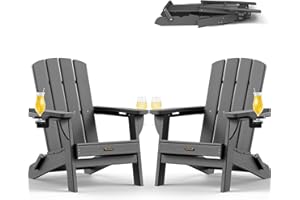 SUUNYN Folding Adirondack Chair 2 Pack, HDPE All-Weather Fire Pit Chairs, Plastic Adirondack Chairs with 2 Cup Holder, Outdoor Lawn Chair for Patio Garden (Grey)