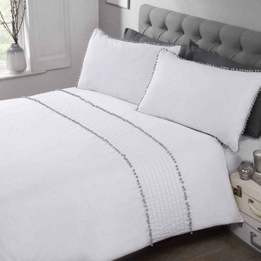 Rapport Pompom Duvet Cover Bed Set, Single POMPOM-SING-WHGR, White/Grey — image 1
