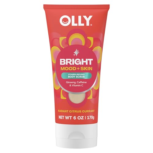 OLLY Bright Body Scrub with Ginseng, Caffeine & Vitamin C– Nourishing Cleanser for Skin Exfoliation, SkinBarrier Repair, Citrus Currant Scent, 6 oz