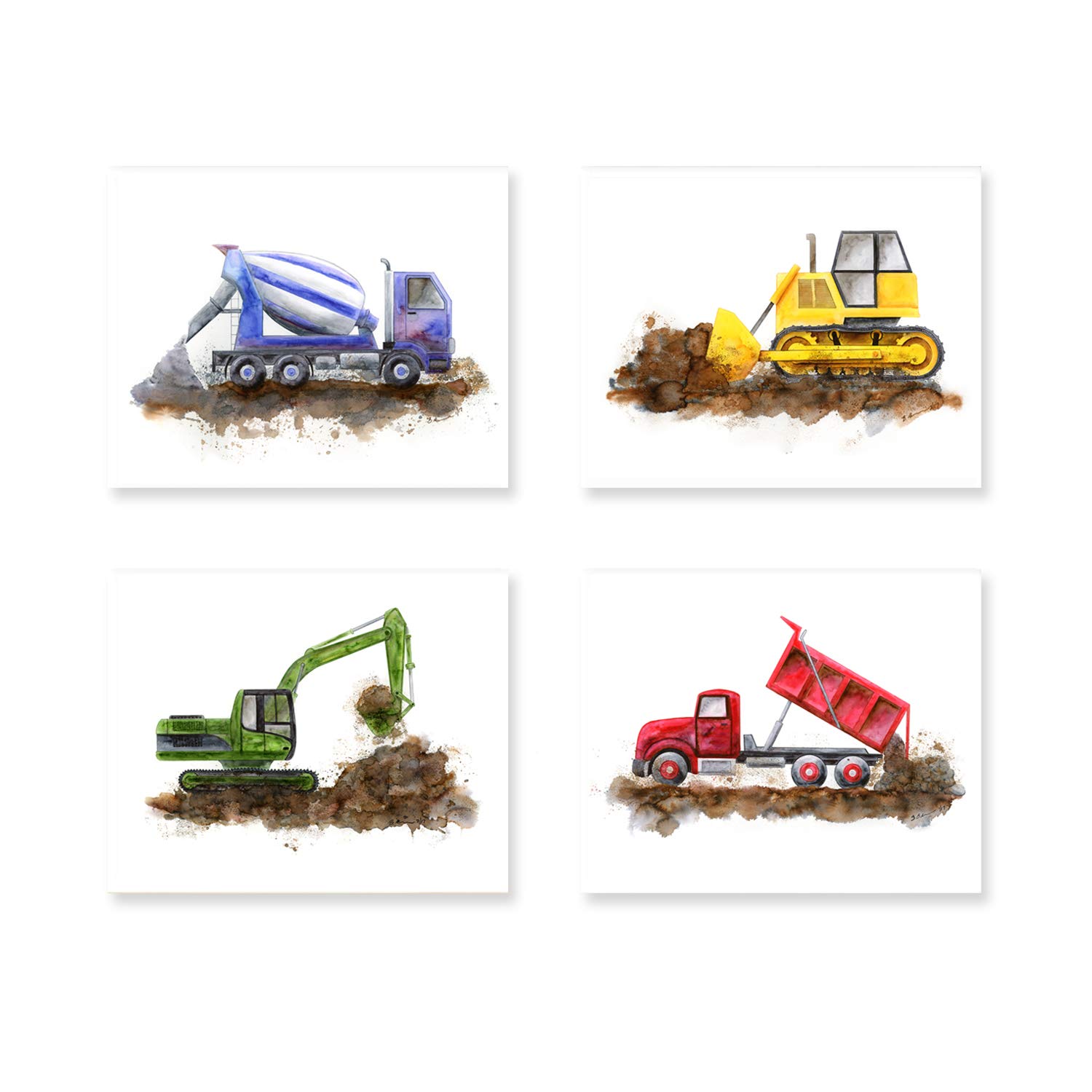Amazon Com Construction Equipment Nursery Art Print Set Set Of 4 Truck Prints Blue Cement Mixer Green Excavator Red Dump Truck And Yellow Bulldozer Other Vehicles And Different Sizes Available Handmade