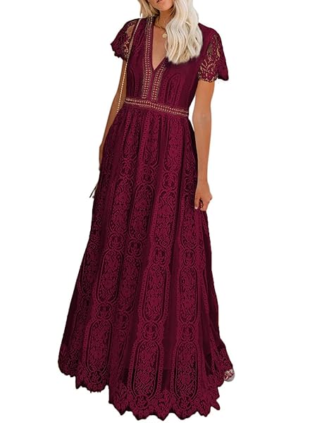 BDCOCO WOMEN'S V NECK FLORAL LACE WEDDING DRESS SHORT SLEEVE BRIDESMAID  EVENING PARTY MAXI DRESS WINE - Korting Discount Outlet