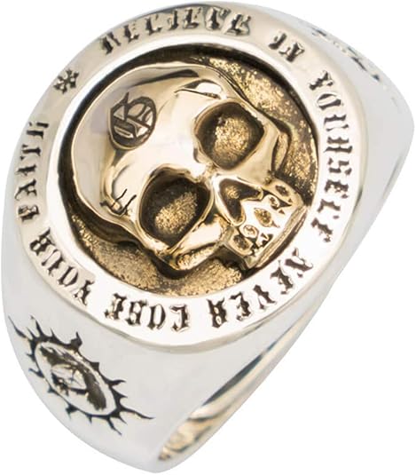 FORFOX Anillo de Calavera Skull Oro con Totem Sol de Plata de Ley 925 para Hombres Mujeres Talla Ajustable 15-26