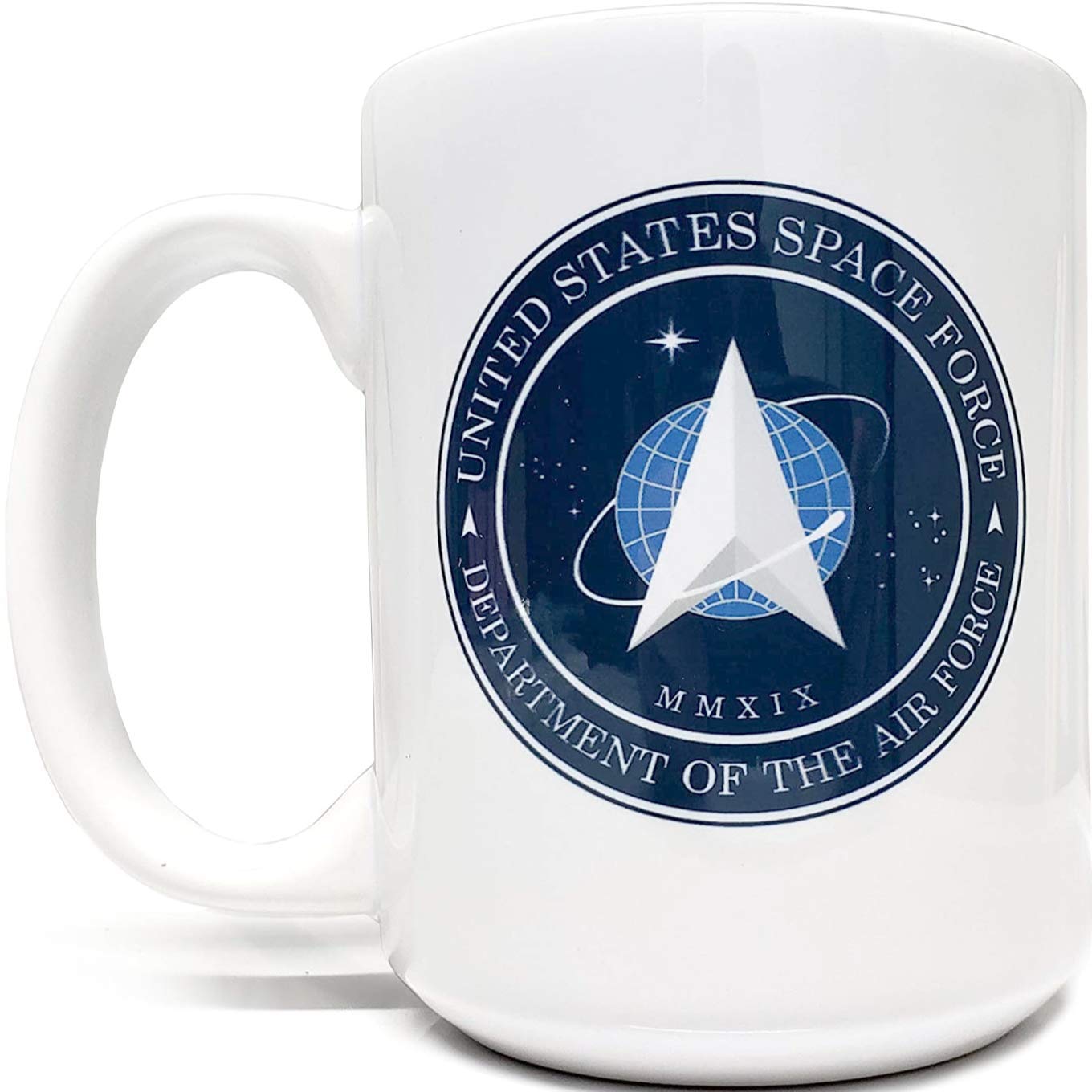 Photo 1 of Mean Muggin United States Space Force Mug 15 Fluid Ounce USSF Authentic Logo Ceramic Cup - Artwork on Both Sides - Giftable Foam Box Packaging