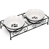 Navaris Ceramic Pet Bowl Set - Food Water Bowls for Cats, Small Dogs and Puppies with Non-Slip Retro Metal Stand - Set of Bowls, 10.8 oz Each