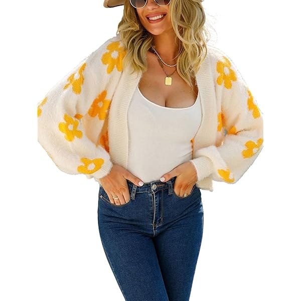 ECOWISH Women's Cardigan Sweaters - Floral Knit Open Front