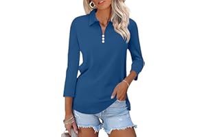 TICTICMISS Womens Tops 3/4 Sleeve Polo Shirts Business Casual V Neck Collared Shirts Basic Tees Blouse