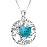 Reaii Natural Turquoise Tree of Life Necklace for Women 925 Sterling Silver Tree of Life Pendant Natural Turquoise Tree of Life Necklace Jewelry Christmas Gifts for Women