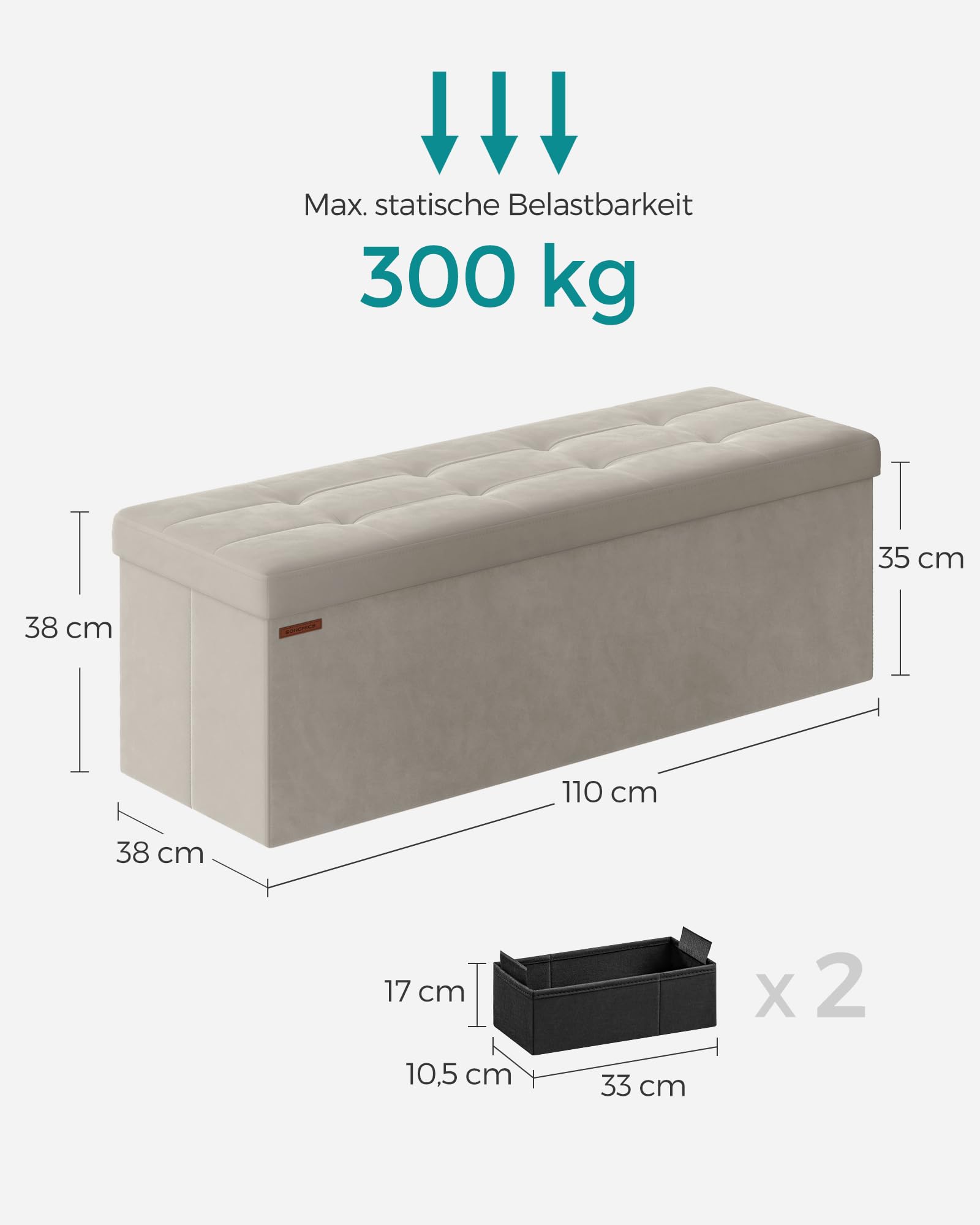SONGMICS Sitzhocker mit Stauraum, klappbare Sitzbank, 38 x 110 x 38 cm Fußbank, Aufbewahrungsbox, bis 300 kg belastbar, für Wohnzimmer Schlafzimmer Flur, cremeweiß LSF277W01 6