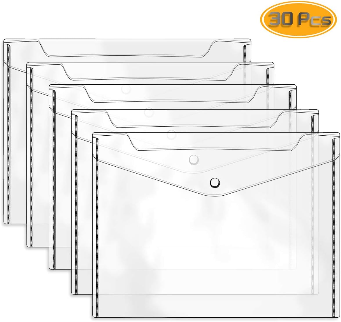 Wpxmer 30 Pack Plastic Transparent File Holder with Button Closure, Waterproof Envelope Folder for Office and School(A4 Size)