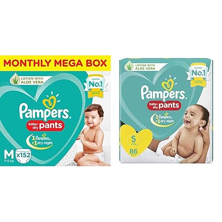 Pampers New Diapers Pants Monthly Box Pack, Medium (152 Count) & Pampers New Diapers Pants, Small (86 Count)