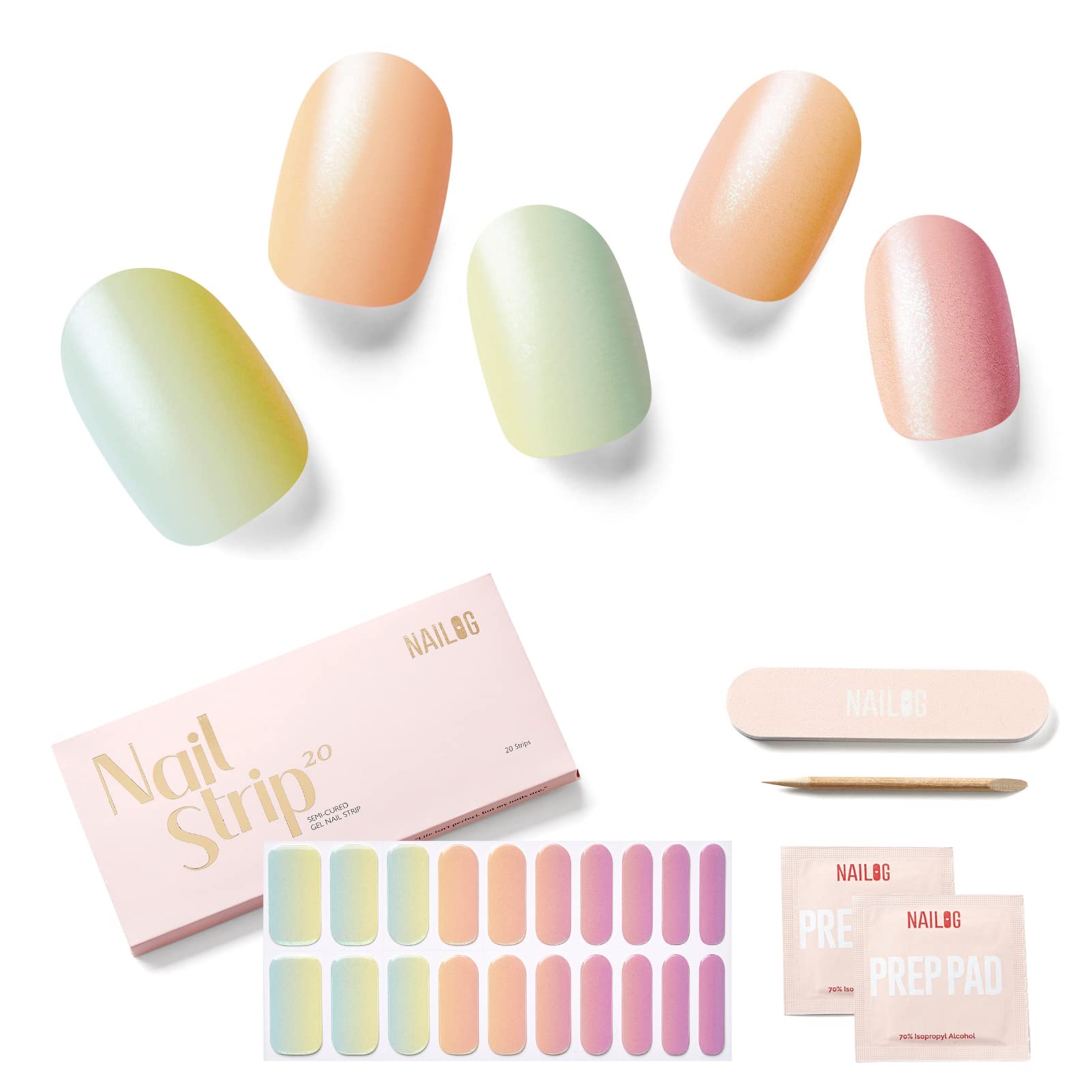 NAILOG Semi Cured Gel Nail Strips Glossy & Long Lasting Soft Gel Finish (20 Extra Long Stickers) | Wraps,Dazzling Rainbow — image 1