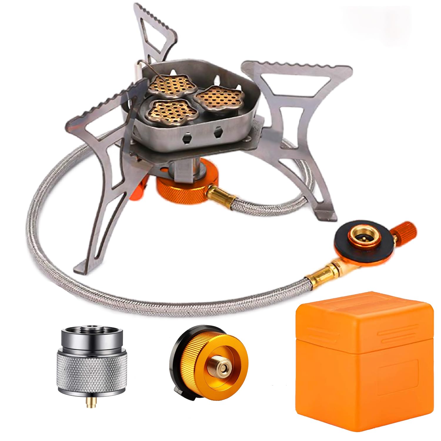 Photo 1 of SVNVIOZ Camping Stove, Windproof Backpacking Stove with 3 Burner Cores, Piezo Ignition, Storage Box, 2 Types Fuel Canister Adapters, Camping Gear Portable Stove for Outdoor Camping Hiking Cooking