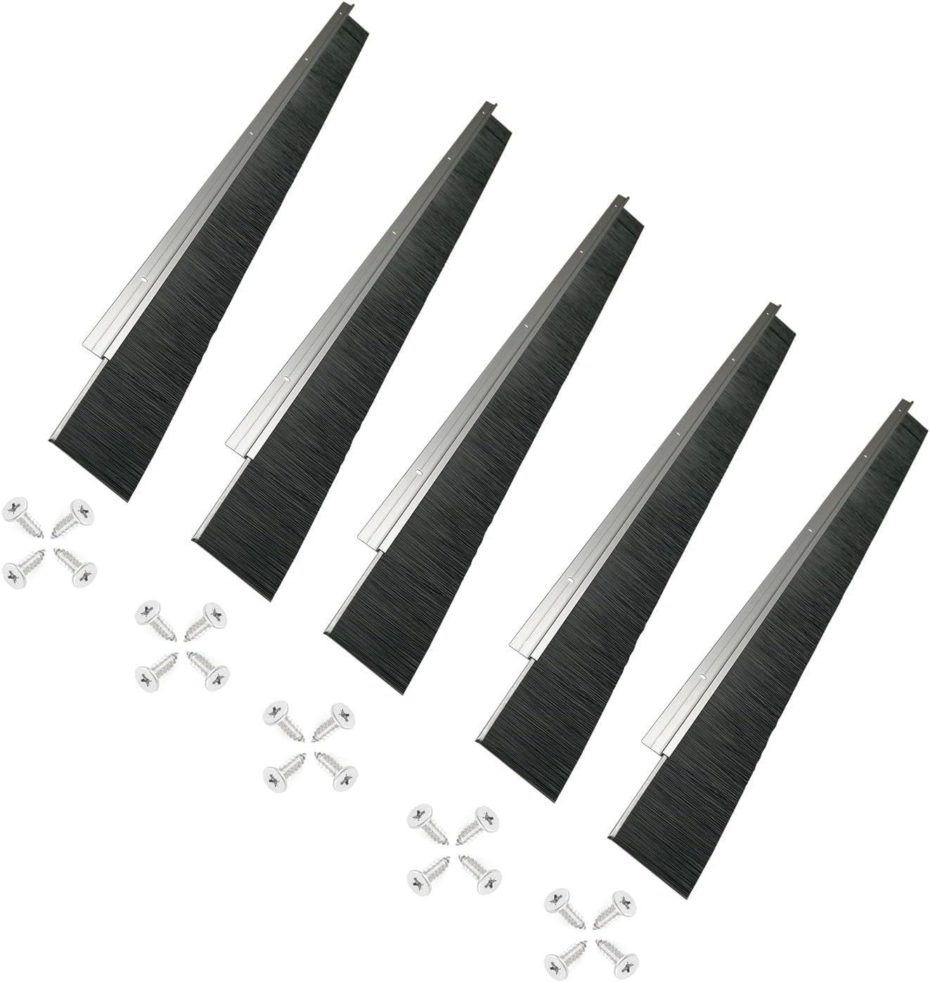 Retsun Set of 5 Extra-Wide Door Brush Seal Strip – 61mm (2.4") W x 880mm (34.6") L, Silver Aluminum Frame with Black PP Bristles, Draught, Dustproof, Weatherproof & Pest Control（Silver1.5, 5)