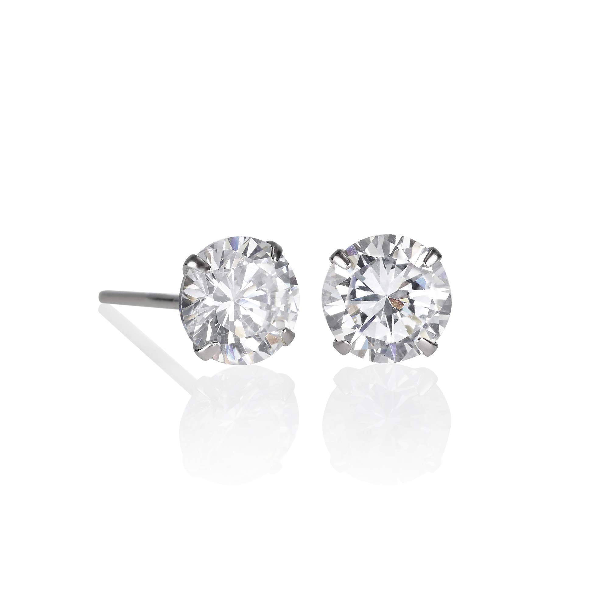ZAVANA Sterling Silver Stud Earrings for Women. 925 Sterling Silver Round Stud Earrings with 6 mm Round Cubic Zirconia