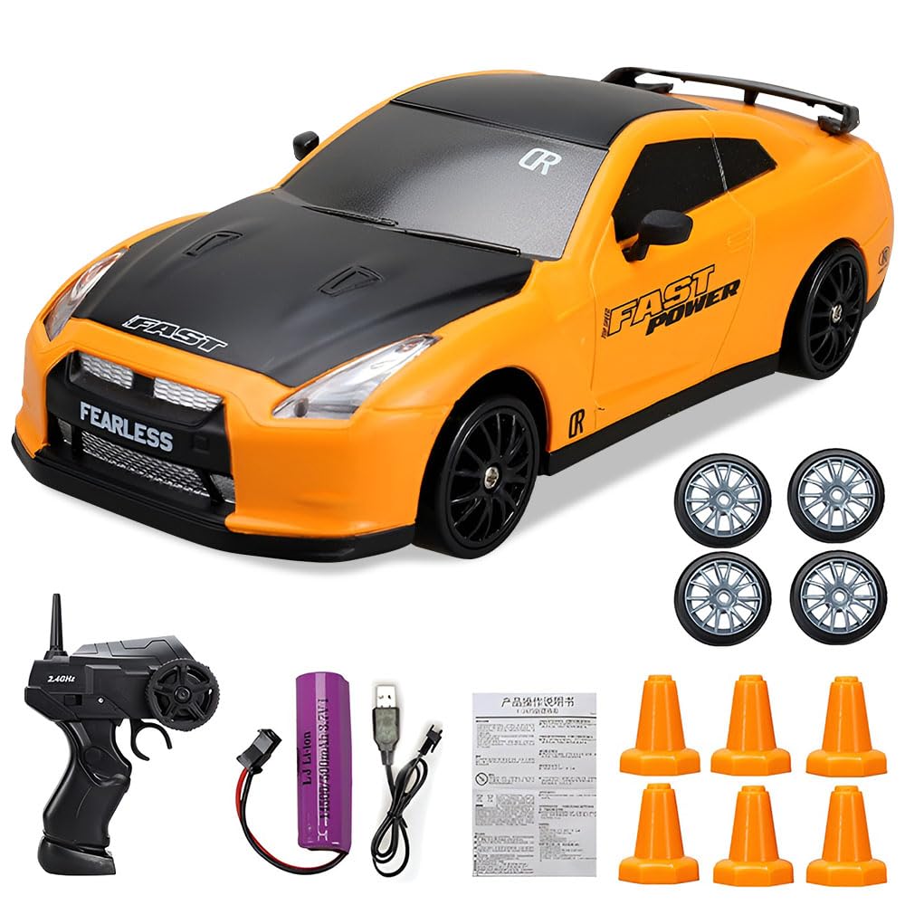 KBIBCK RC Drift Car 1:24, 2.4Ghz Remote Control Car with Cool Lighting, 30km/h High Speed 4WD Racing RC Drifting Cars, Rechargeable Mini RCDrift Cars Gifts for Kids Adults for Drift and Race (Yellow)