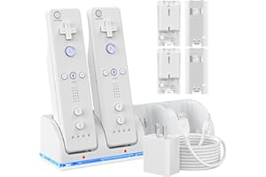 LA NREUCETS 4 Ports Controller Charger for Wii/Wii U Remotes, Controller Charger Dock Station for WII Controller with 4 Pack 2800mAh Rechargeable Battery and 4.9FT USB Cable and Adapter, Remote Not Included